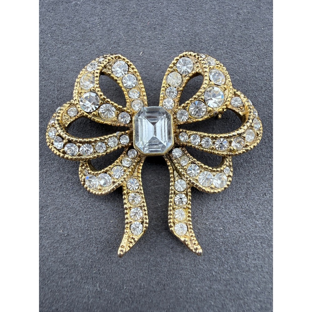 Monet Bow Brooch Rhinestone Gold Tone Statement Grandmillennial